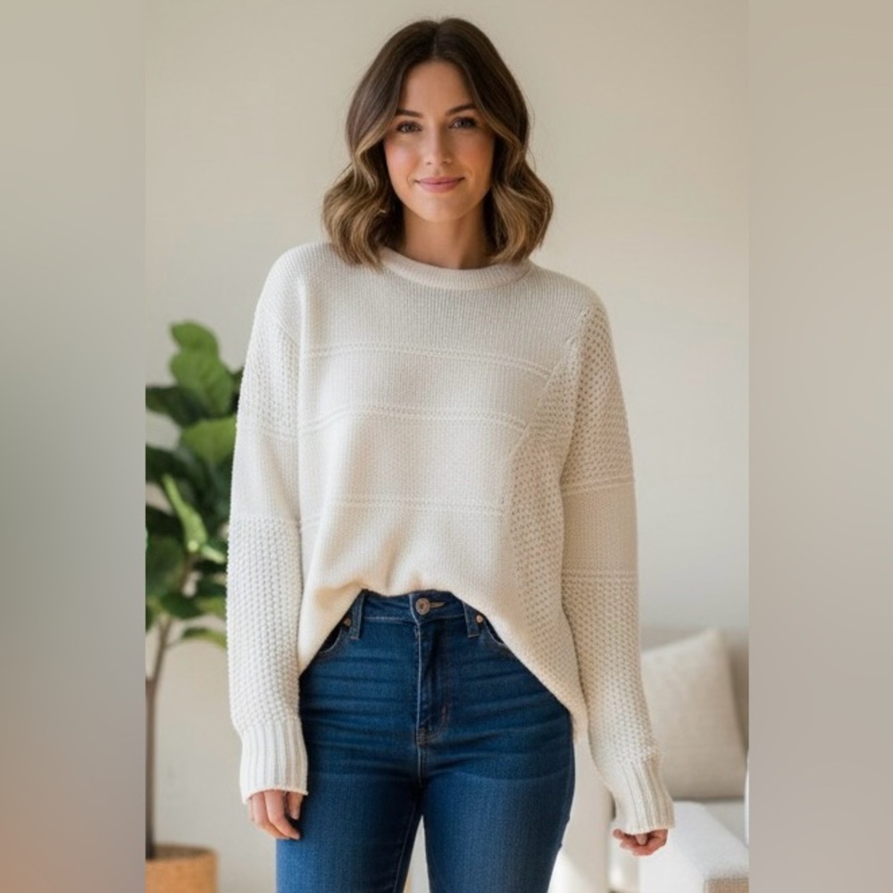 Cable Stitch Cream Mixed Knit Crewneck Oversized Sweater Size Small